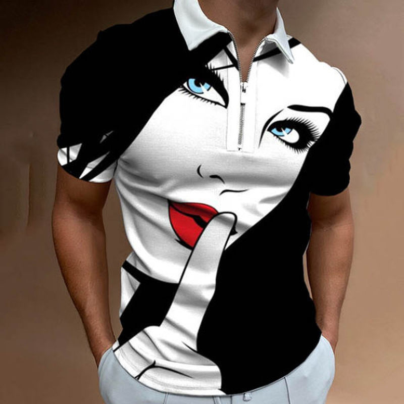 

face squarely pattern men's zipper polo shirt high quality comfortable breathable fashionable cool daily travel work party, White;black