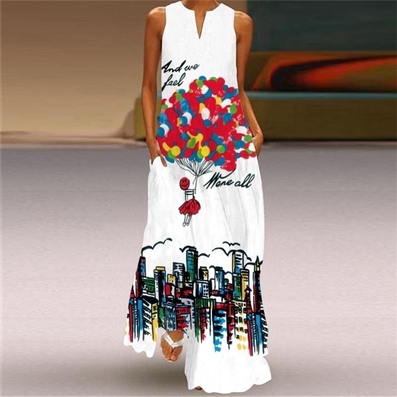 

Summer Women' Fashion Sexy Digital Printing Long Dress V-Neck Sleeveless With Pockets Maxi -5XL Femme Robe 210520, Vlcq-55