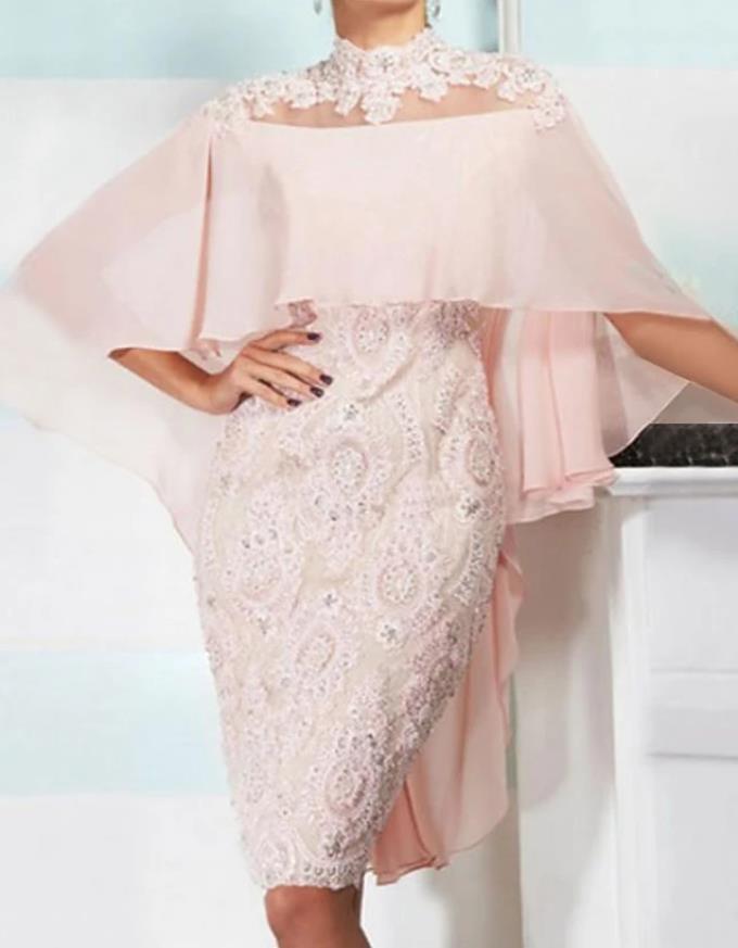 

Sheath / Column Mother of the Bride Dress Elegant Sexy High Neck Knee Length Chiffon Lace 3/4 Sleeve with Appliques 2021 c043, Black;red