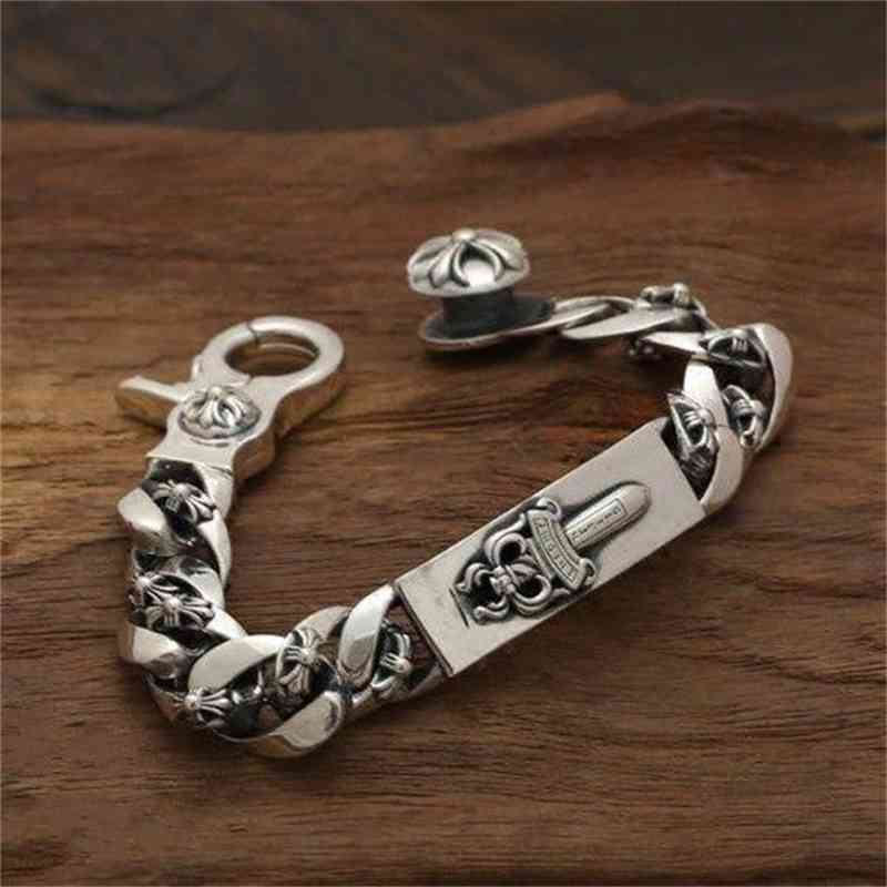 

S925 Luxurys Silver Retro European and American Fashion Personality Punk Style Crusader Flower Sword Domineering Trendy Men's Bracelet, Golden;silver