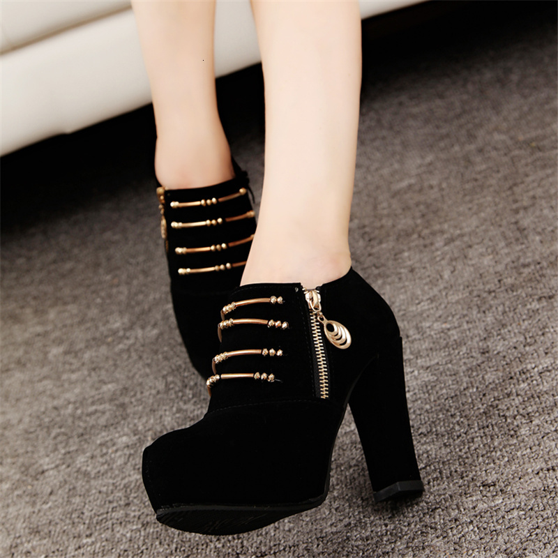 

dress shoes .5cm high heels women pumps ankle boots autumn winter black brown zipper party metal round toe thick platform female