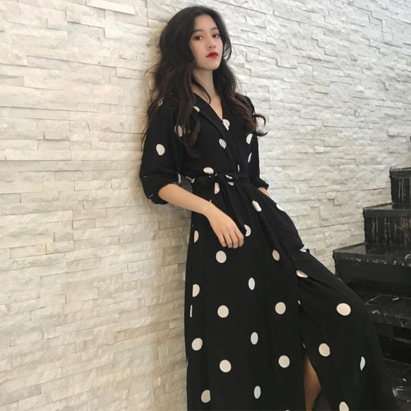 

womens dresses superaen summer elegant long dress korean style mid calf fashion v neck ladies casual half sleeve dot female, Black;gray