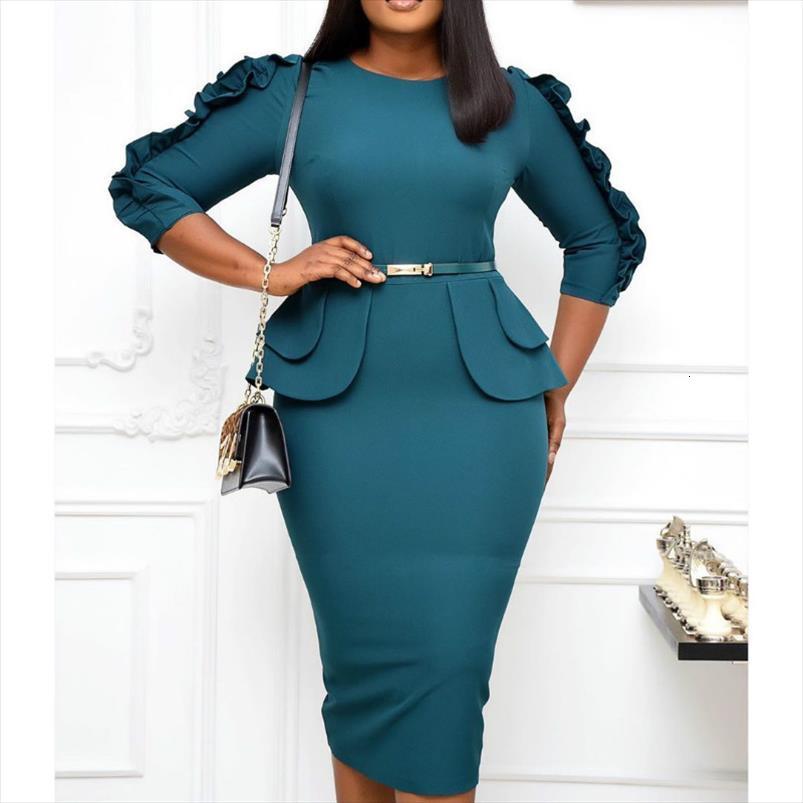 

bodycon slim ruffles elegant office womens dress work wear autumn fashion african female elastic sheath tight robes, Black;gray