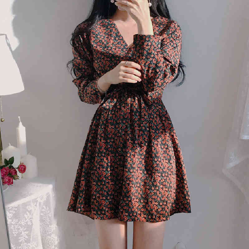 Plus Size Summer Girls Boho Party Chiffon Female Vintage Dress print long Sleeve Women Dresses Robe Vestido 210417Z