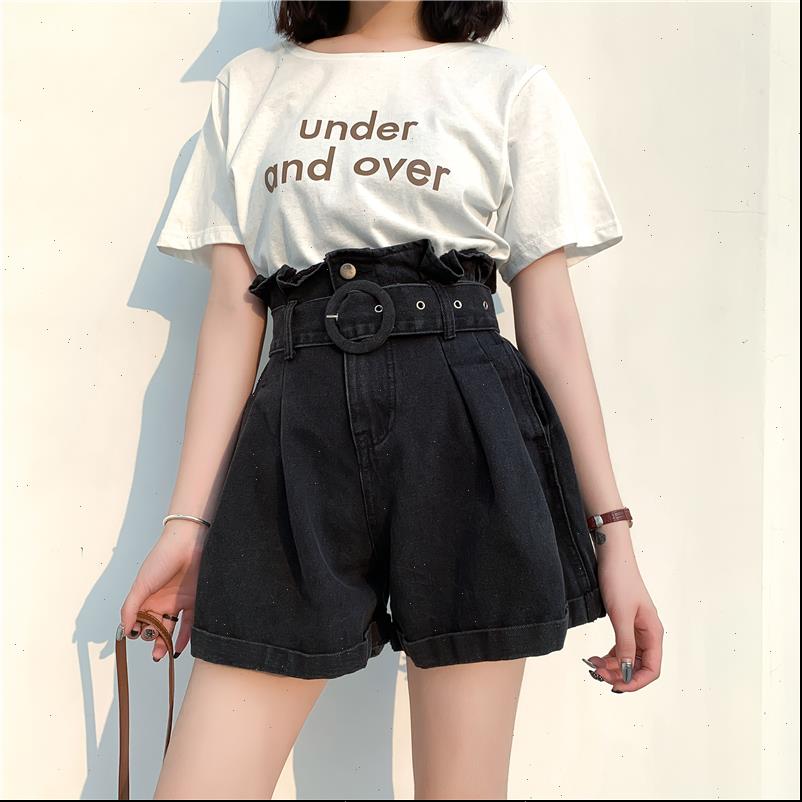 

plus 2xl summer casual black womens short denim belt pocket high waist female loose jeans streetwear bottoms, White;black