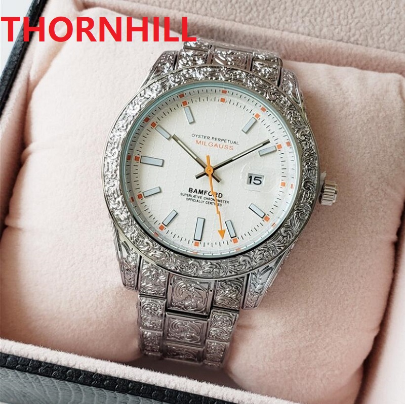 

Men's montre de luxe automatic watches classic men's Day-Date watch 42mm all stainless steel waterproof super bright relogio masculino engraved flowers Wristwatches, As pic
