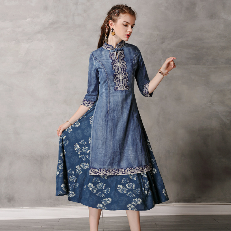 

Johnature Leisure Women Clothes Autumn Denim Dress Vintage Loose Patchwork Embroidery Stand Collar Women Dresses 210521, Blue