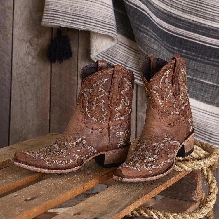 

Boots Embroidery Botas Mujer Faux Leather Cowboy Ankle For Women Wedge High Heel Snake Print Western Cowgirl 2021, Brown