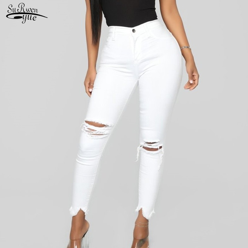 

Jeggings Tassel High Waist Pants Ripped Holes Elastic Denim Jeans Women Capris Female Skinny Pencil Pantalon 12780 210521, White