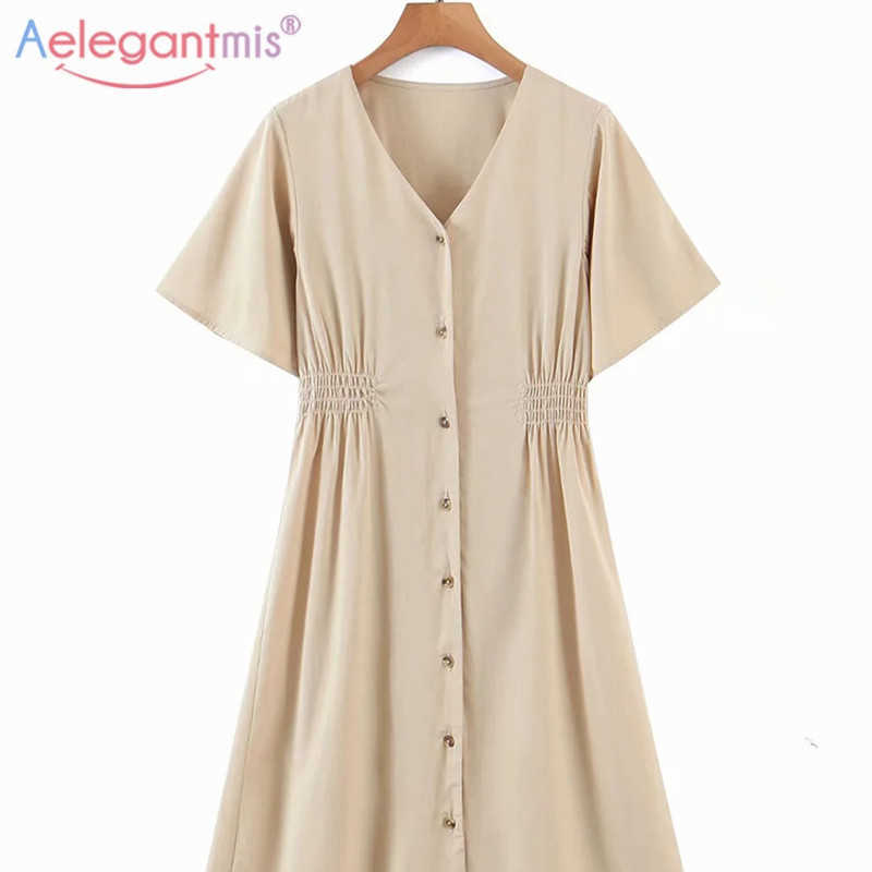 

Aelegantmis Fashion High Waist Long Dress for Women V Neck Solid Short Sleeve Casual Folds Mid Calf Vestido De Mujer 210607, Khaki