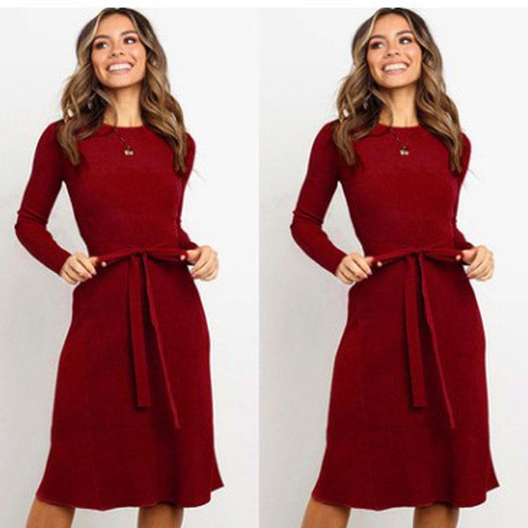 

Cnmyou Fall/winter Solid Color Stretch Belt Slim Fit Dress For Women Casual Dresses, Black