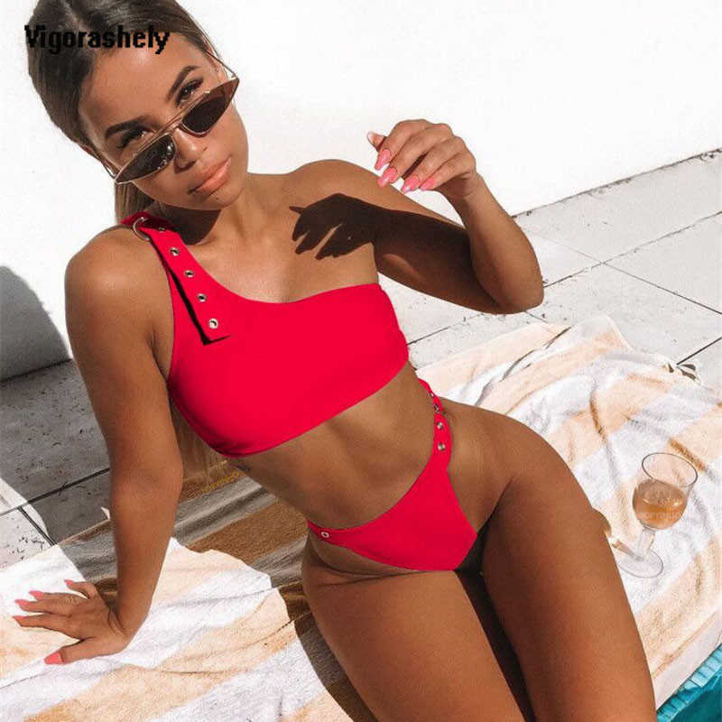 

Sexy Red Bikini High Waist Cut Swimsuit Women Push Up Swimwear Summer BeachWear Solid One Shoulder Bikini Bathing Suit 210629