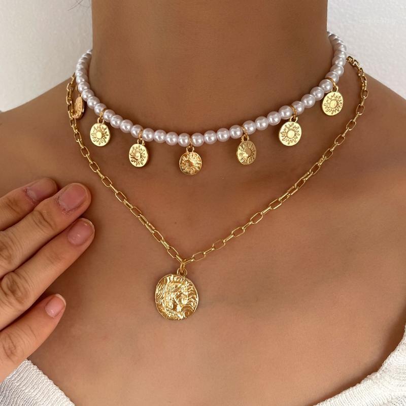 

Chains Trendy Imitation Pearls Portrait Pendant Necklace For Women Multilayer Gold Color Coin Choker 2021 Jewelry