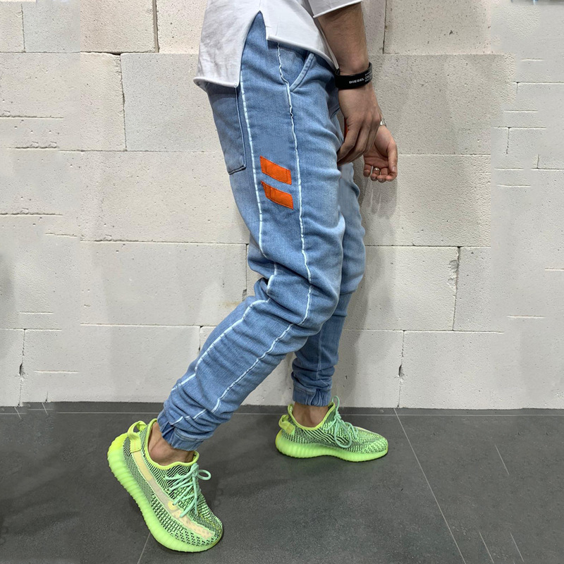 

Men' Jeans 2021Fashion Trend European and American Slim Fitting Ribbon Decoration Casual Pure Color Simple K059 R8ZE, Blue
