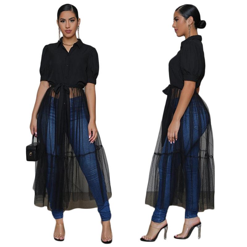 

Women' Blouses & Shirts 2021HZVZ Spring And Autumn Increase Lengthen Shirt Short-sleeved Mesh Stitching Sexy, Black