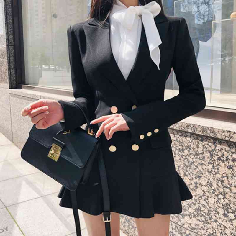 

Autumn Winter Double-breasted Suits Dress OL Ruffles Bodycon Dresses Fitted Elegant Work Wear Vestidos, Black;gray