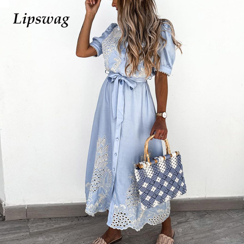 

elegant patchwork embroidery lace long dress summer puff sleeve hollow out shirt dress casual women lace-up belted party dresseshigh quality, Black;gray