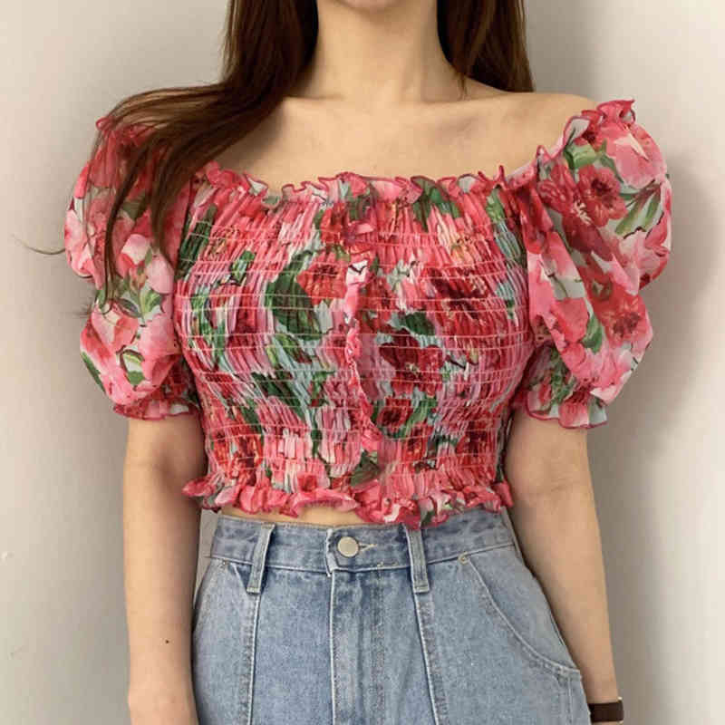 

Lucyever Elegant Printed Floral Women Chiffon Shirts Summer Sexy Off Shoulder Slash Neck Blouse Ladies Ruffles Puff Sleeve Shirt 210521, Pink