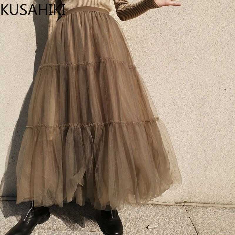 

KUSAHIKI Spring Summer Women Skirt Korean Mesh Fashion Elegant Skirts Causal High Waist Bottom Mujer Fadas 6F632 210602, Green