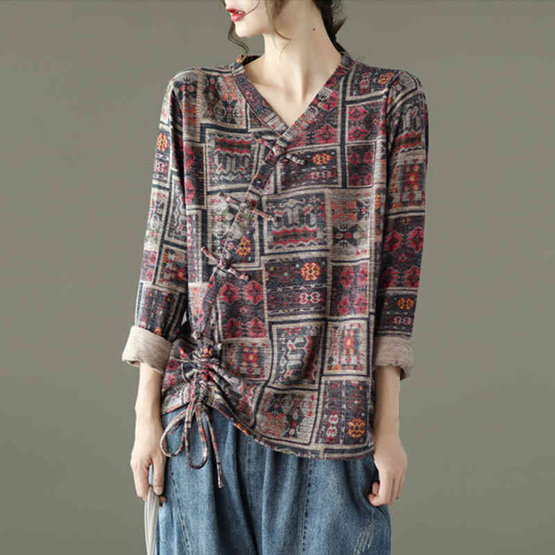 

Johnature Vintage Women Shirts Cotton Blended V-neck Full Sleeve Blouses Spring Button Chinese Style Loose Tops 210521, Red coffee