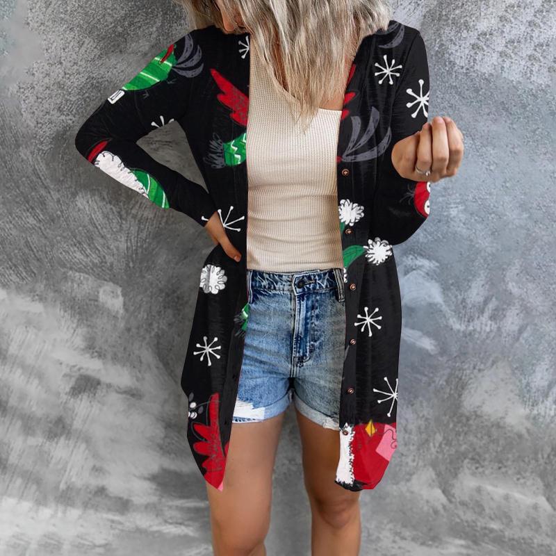 

Women' Jackets Womens Casual Print Long Coat Female Christmas Open Front Jacket Sleeve Thin Cardigan For Autumn Tops Clothes Manteau Femme, Black