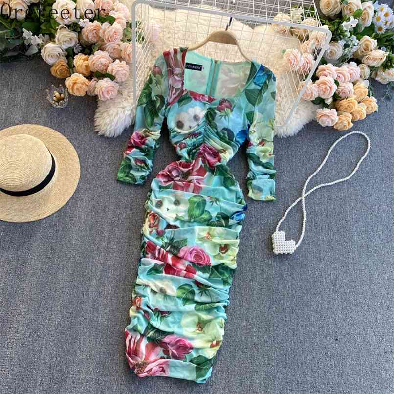 

Celebrity Stylish Chic Sexy Elastic Mesh Slim Sheath Dress Women' Puff Sleeve Floral Print Bodycon Party Women 210602, Pink
