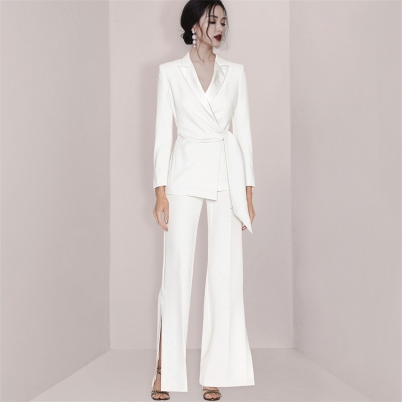 

Runway 2 Piece Set OL Office Work Wear Ladies Spring Women Notched Blazers coat + Fashion split Pants Suit 210519, Black
