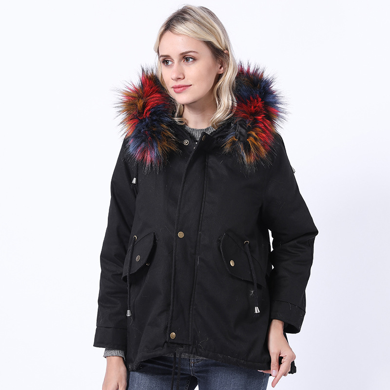 

New Mid-length Oversized Fur Collar Loose Fashion Thick Winter Overcoming Coatet, Black