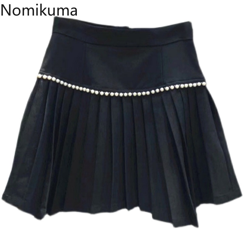 Nomikuma Summer New Skirts Womens Korean Beads Pleated A-line Mini Skirt Causal Zipper High Waist Faldas Mujer Moda 6G706 210427