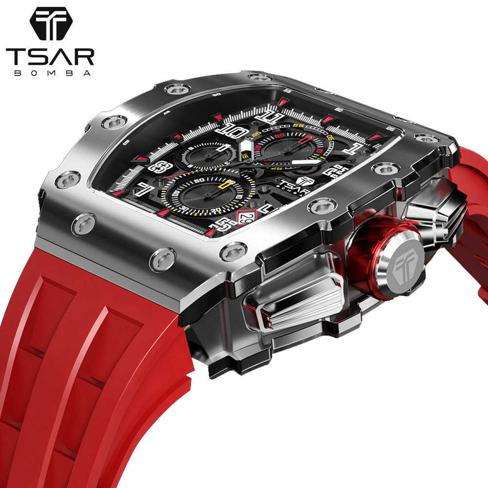 

TSAR BOMBA Mens Watch Top Brand Luxury Tonneau Design 50M Waterproof Stainless Steel Wristwatch Sport Chronograph for Men 210728, Black