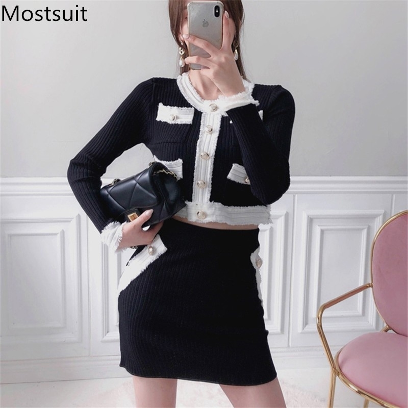 

Color-blocked Elegant Vintage Knitted Two Piece Skirt Sets Autumn Single-breasted Short Top + Mini Pencil Suits Femme 210518, Black