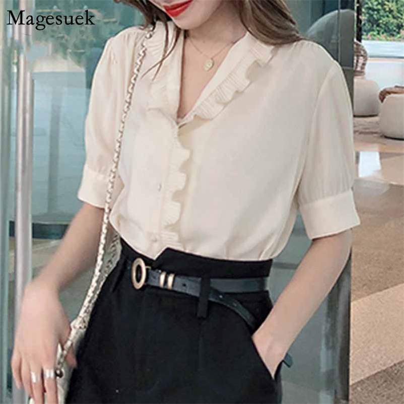 

Women Plus Size Short Sleeve Blusas Casual Blouse Chiffon Shirt V-neck French Fashion Ruffle Top Cardigan Clothing 10021 210518, Apricot