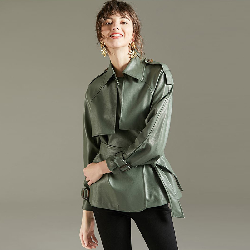 

Women's Jackets Ftlzz female fake leather jacket, spring , women's green pu plain with seat belt, office UDLS, 1# shoe box