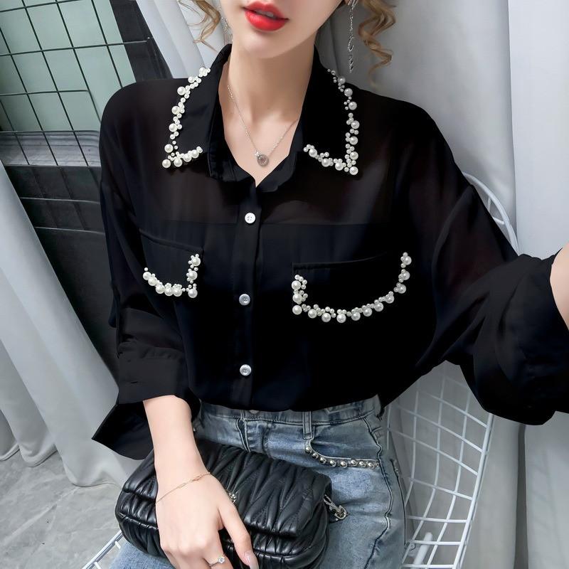 

Women's Blouses & Shirts 2022 Summer Korean Design Loose And Thin Casual Clothing Long-Sleeved Beading Turn-Down Collar Shirt Top Famale, White