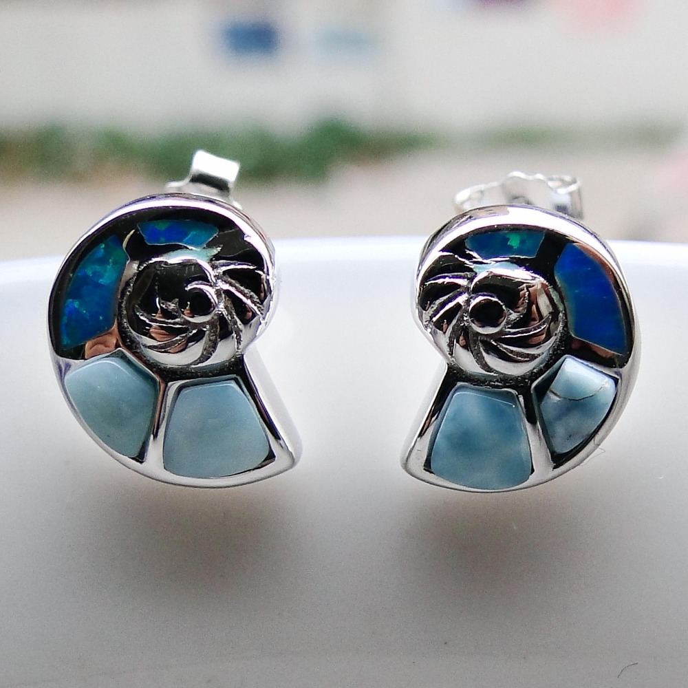 

Natural Larimar Conch Earring Fine Jewelry Stud Earring Blue Opal Earring 100% 925 Sterling Silver Jewelry for Women Nice Gift 210524