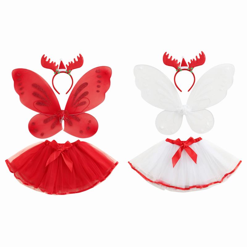 

Clothing Sets Emmababy 2022 Year Kids Girls Casual Set Printed Butterfly Wings+Solid Color/Patchwork Short Skirt+Deer Hair Hoop, White