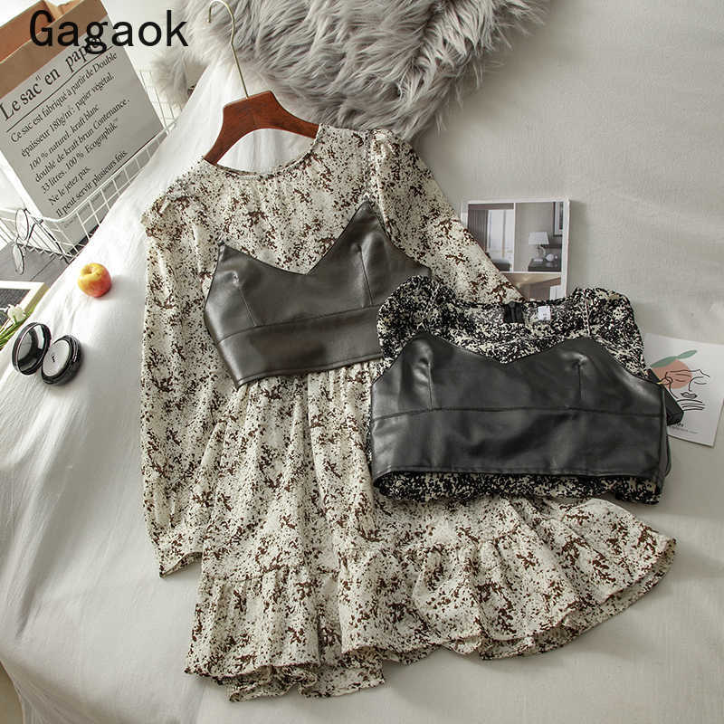 

Gagaok Sweet Two Piece Set Women Spring Autumn Korean Chic Wild Fashion Ladies Outfits Floral Dresses + PU Vests 210708, Apricot