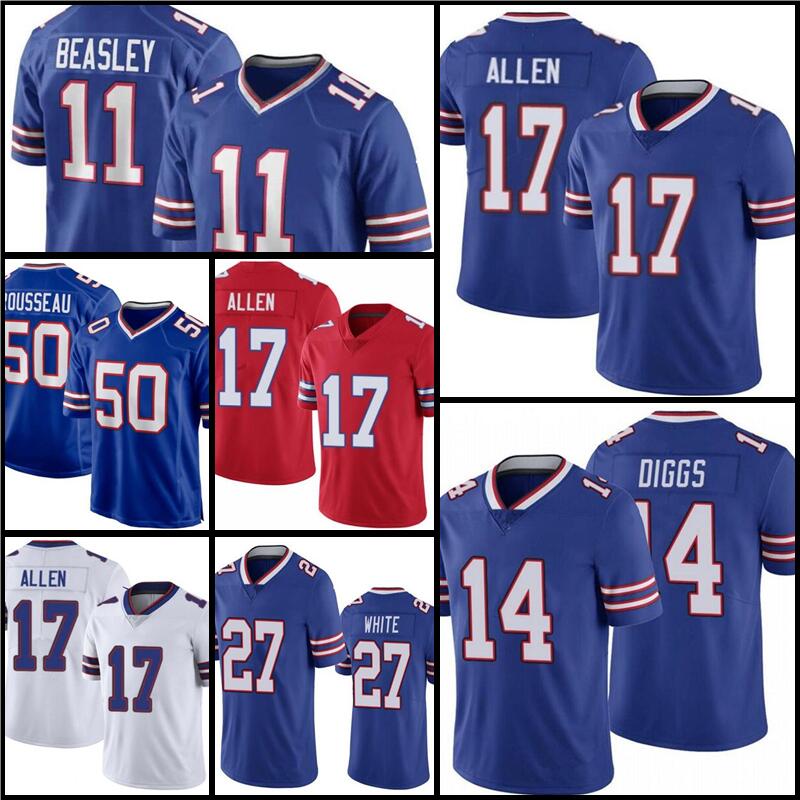 

17 Josh Allen 14 Stefon Diggs 11 Cole Beaasley Football 50 Gregory Rousseau Jersey 27 Tre'davius White 49 Tremaine Edmunds men women youth kids 26 Devin Singletary, Women jersey