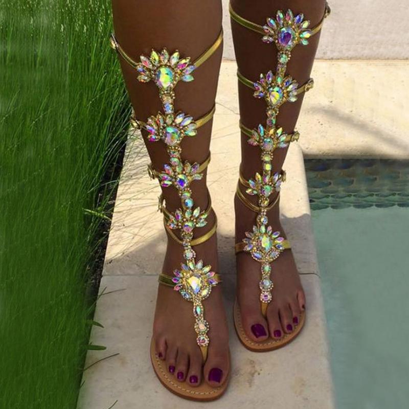 

Summer Flats Sandal Gladiator Gold Rhinestone Knee High Buckle Strap Woman Boots Crystal Beach Shoes Plus Size 43 Sandals, Blue