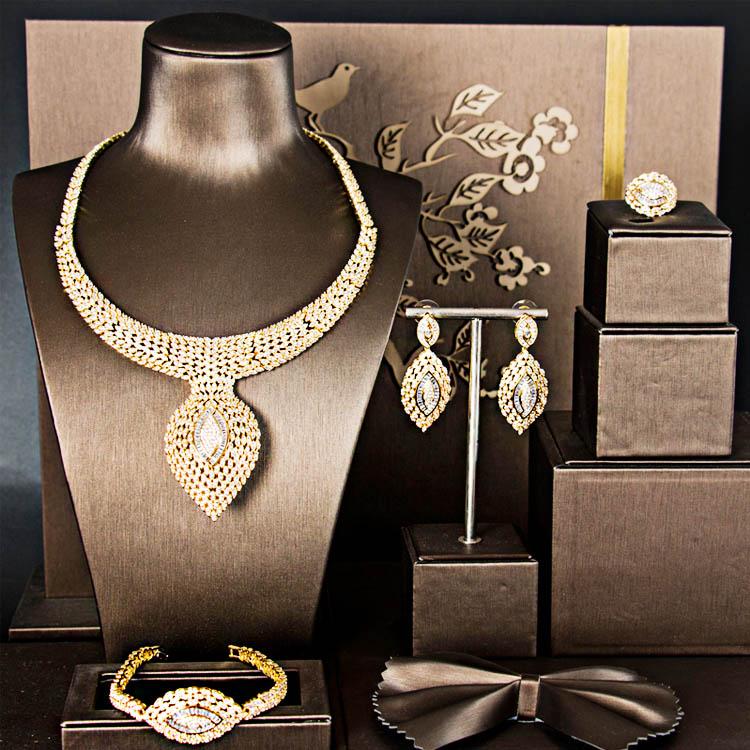 

Earrings & Necklace Blucome Exquisite Fashion Luxury 4PCS Big Dangle Africa Collar Jewelry Set Women's Wedding Full Zircon Dubai Bridal, As pic