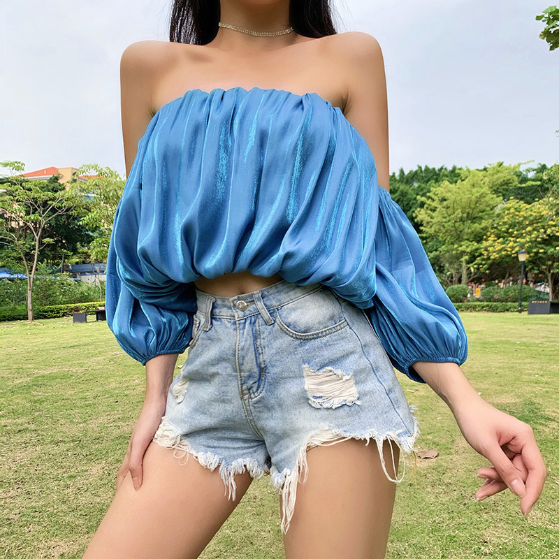 

Paris Girl Fashion Strapless Tube Top Bubble Sleeve Tank Feminine Summer Pleated Word Collar Backless Wrapped Chest Crop 210524, Blue