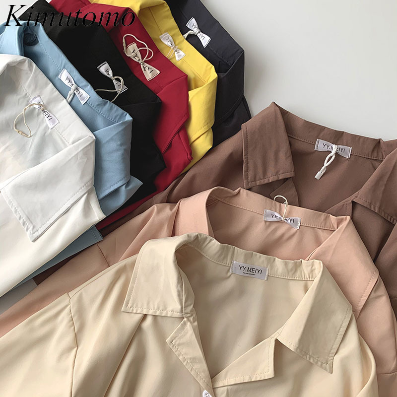 

Kimutomo Shirt Spring Summer Women's Korean Solid Color Elegant Casual Turn Down Collar Short-sleeved Buttons Top 210521, Gray