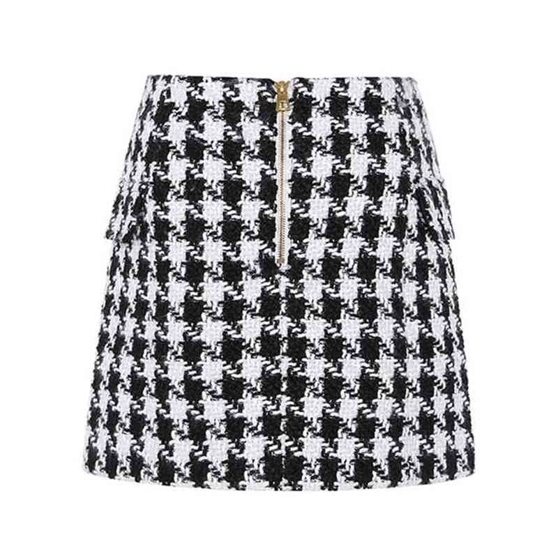 

Fashion Trend of Women's Lion Buttons Double Breasted Tweed Wool Houndstooth Mini Skirt Elegant Plaid A Line Short Skirts 210629, Beige