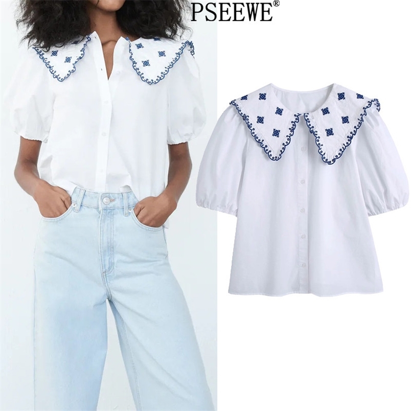 

Women Shirts Poplin Embroidered White Woman Summer Short Puff Sleeve Crop Top Female Cute Button Up 210519