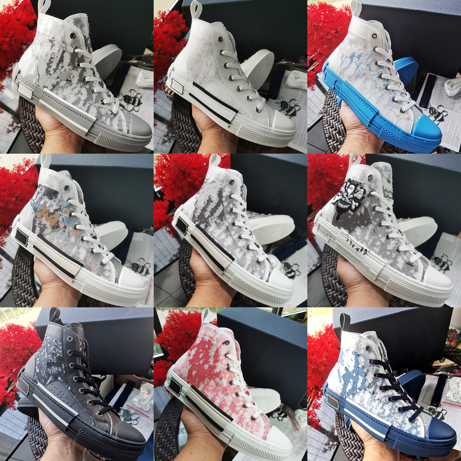 

With Box Top Quality Designer B23 shoe transparent printing luxury high-top Genuine Leather casual shoes b22 canvas man woman fashion sneakers, 15