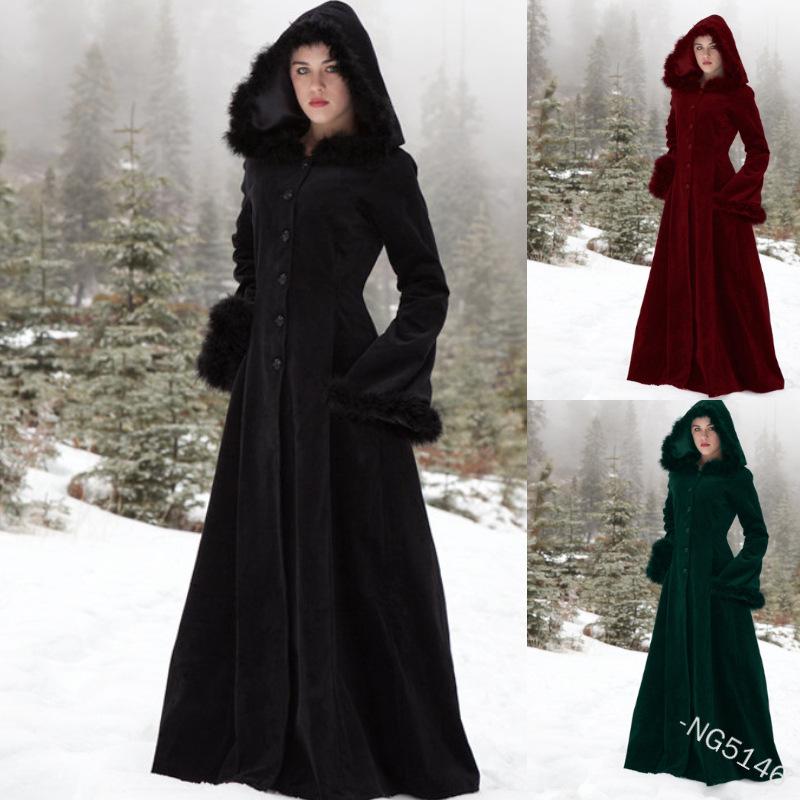 

Women' Wool & Blends Vintage Autumn Winter Coat Steampunk Floor Length Hooded Medieval Warm Fur Trim Maxi Gothic Witch Party Costume Outwea