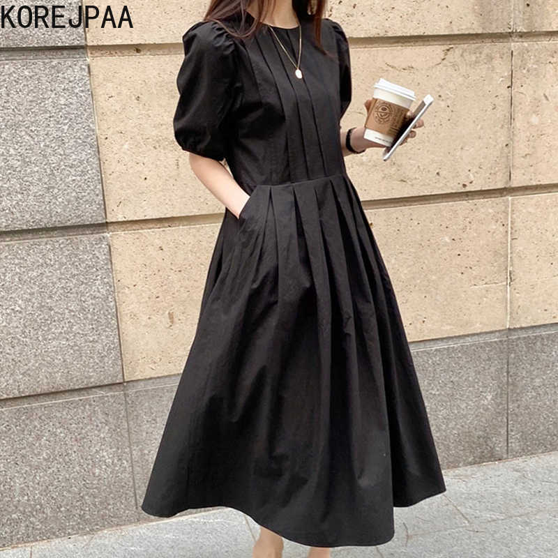 

Korejpaa Women Dress Summer Korean Chic Gentle Temperament Round Neck Pleated High Waist Puff Sleeve Large Swing Vestidos 210526, Black