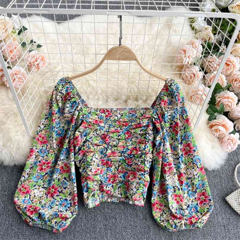

Sweet Floral Print Blouse Women Fashion Spring Summer Cropped Shirt Retro Style Square Collar Puff Sleeve Slim Korean Tops 210603, Green