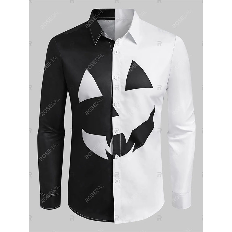 

Halloween men's two-color pumpkin pattern Halloween long-sleeved shirt, White;black