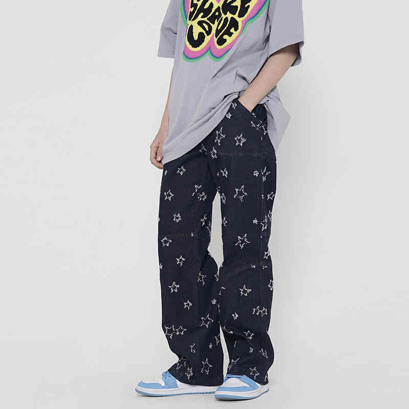 

High Street Embroidery Retro Straight Casual Jeans for Men Retro Loose Oversize Denim Trousers, Black